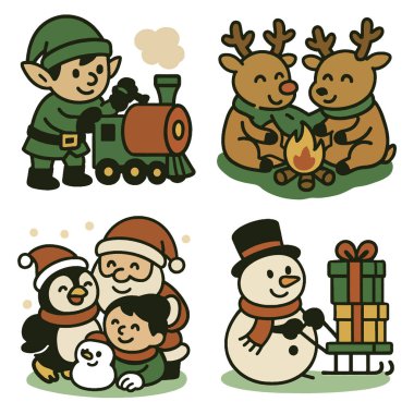 Bir noel elf tren oyuncağı, ren geyiği kamp ateşi, Noel baba penguen çocuk, kardan adam hediye yığını