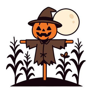 Şeffaflık tarzında şapkası ve ayı olan neşeli bir korkuluğun yer aldığı boyama kitabı sayfası.