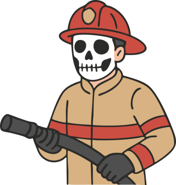 A firefighter skull face cartoon holding hose helmet uniform halloween illustration
