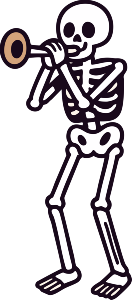 A skeleton playing trumpet, cartoon skeleton, white bone figure, musical instrument, fun