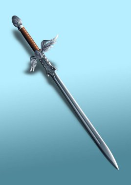 kanatlar üzerinde mavi bir arka plan ile süslenmiş bir metrelik kılıç