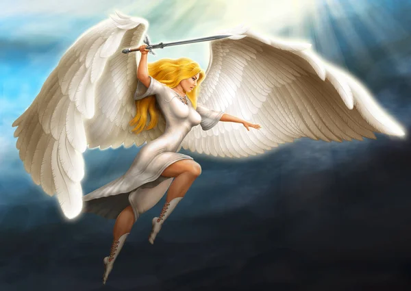Mädchen Ein Mit Einem Schwert Bewaffneter Engel Fliegt Den Sonnenstrahlen Stockfoto