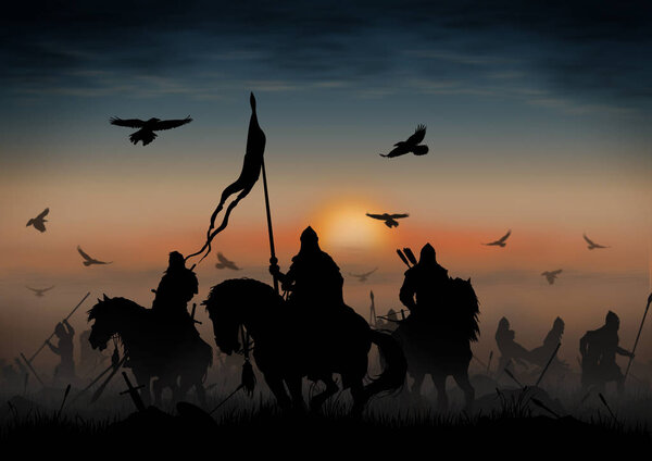 После битвы. Поле после битвы покрыто туманом и освещено заходящим солнцем
.