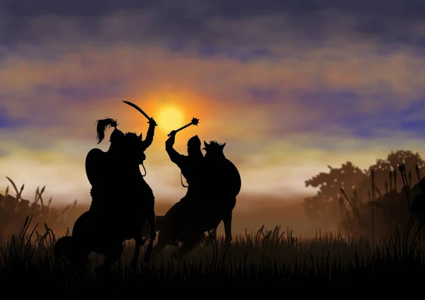 Savaştan önce düello. İki asker savaşa hazırlandı ve iki savaşçı yükselen güneşe karşı savaşıyor.