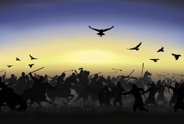 Cavaleiros Atacam Guerreiros Dos Pés Sol Manhã Escondido Pela Névoa — Fotografia de Stock