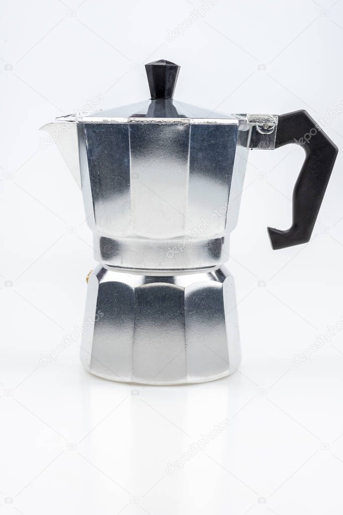 Mokapot coffee pot isolated on white background. Moka Coffee. Italian coffee maker. 