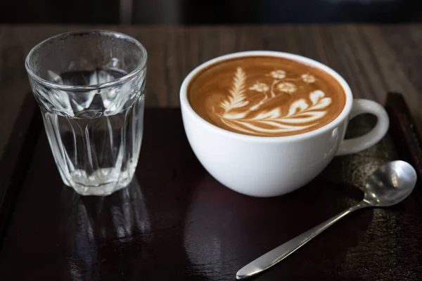 White Coffee Cup Wooden Table Cafe Latte Art Coffee Cup — Stock Photo, Image