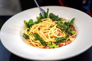 Spagetti bacon ve fesleğen ile baharatlı biber arka plan üzerinde beyaz tabak içinde kurumuş. Pastırma, parsel ve parmesan peynirli spagetti. Beyaz tabakta makarna Carbonara koyu arka plan üzerine parmesan ile.