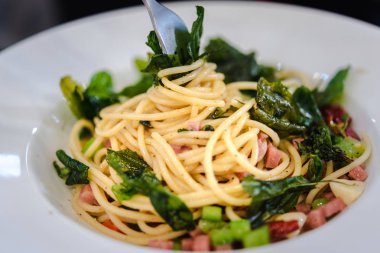 Spagetti bacon ve fesleğen ile baharatlı biber arka plan üzerinde beyaz tabak içinde kurumuş. Pastırma, parsel ve parmesan peynirli spagetti. Beyaz tabakta makarna Carbonara koyu arka plan üzerine parmesan ile.