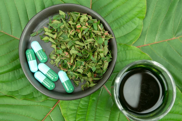 Toz ürün beyaz seramik kase ve su ile Mitragynina speciosa veya Kratom kratom yaprakları özler bırakır. Ek kratom yeşil kapsül. 