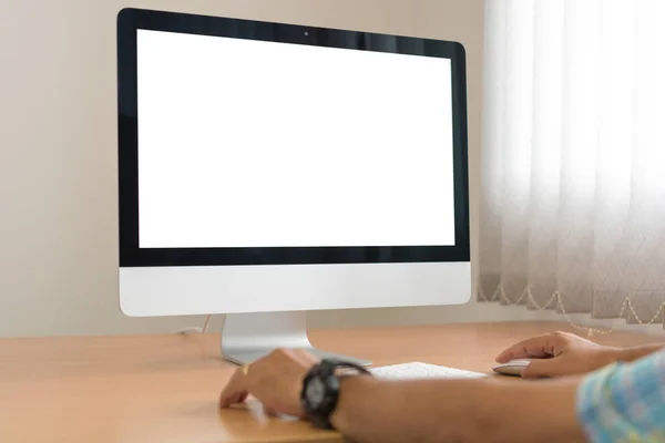 Computer Kantoor Monitor Muis Houten Tafel Computer Het Toetsenbord Muis — Stockfoto