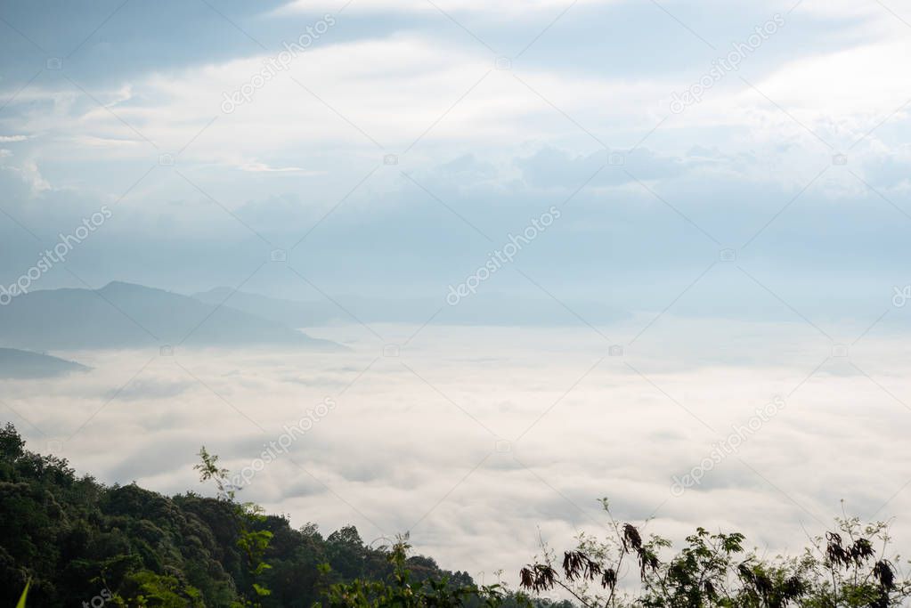 Landscape of Morning Mist with Mountain Layer. 