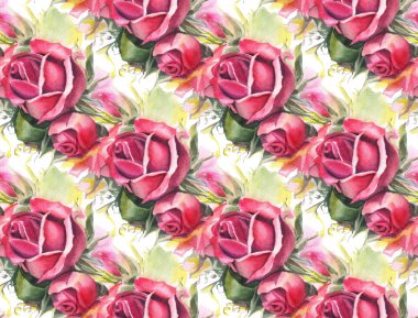 Kırmızı sulu boya gül ile Seamless modeli. Resimde çizilmiş. 