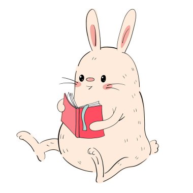 Beyaz bir arka plan üzerinde izole bir kitap ile sevimli bir tavşan çizim. Resimde çizilmiş. Vektör