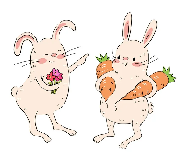 Dessin Lapin Mignon Avec Des Fleurs Des Carottes Isolées Sur — Image vectorielle