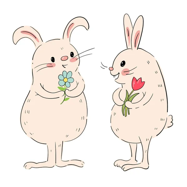 Σχέδιο Του Ένα Χαριτωμένο Bunnies Λουλούδια Που Απομονώνονται Λευκό Φόντο — Διανυσματικό Αρχείο