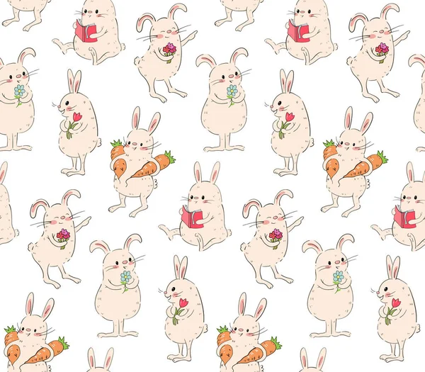 Seamless Pattern Funny Cartoon Bunnies Hand Drawn Illustration Vector — Stock Vector