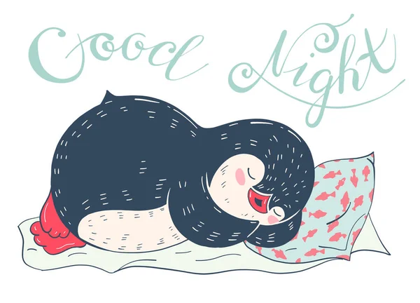 一只滑稽的卡通睡企鹅 手绘插图 — 图库矢量图片