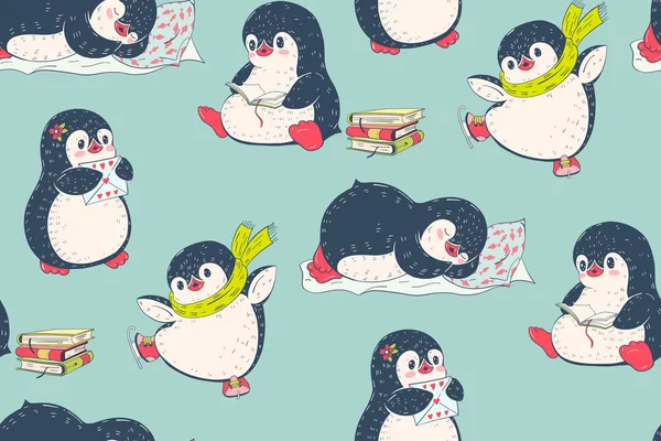 かわいいペンギンとのシームレスなパターン 手描きイラスト ベクトル — ストックベクタ