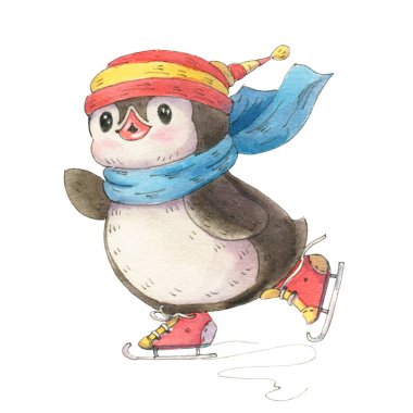 Kış illüstrasyon izole beyaz bir arka plan üzerinde paten komik karikatür penguen ile. Suluboya ve mürekkep çizim. 
