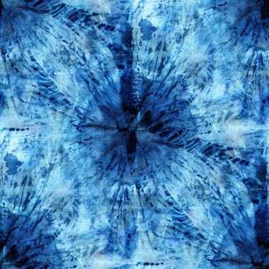 Beyaz ipeğin üzerindeki çivit rengi kusursuz kravat boyası deseni. El boyası kumaşlar - nodüler batik. Shibori boyaması.. 