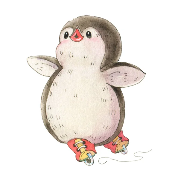 Zimowe Ilustracja Śmieszne Kreskówki Pingwin Łyżwach Białym Tle Białym Tle — Zdjęcie stockowe