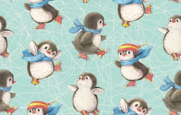 Seamless pattern with cute penguins on skates. Hand-drawn drawing with markers. Drawing in watercolor and ink.