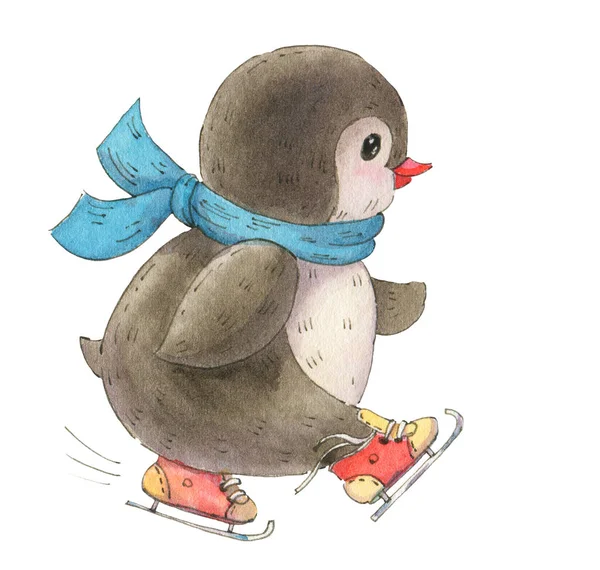 Ilustración Invierno Con Divertido Pingüino Dibujos Animados Sobre Patines Aislados —  Fotos de Stock