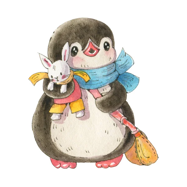 Ilustración Invierno Con Divertido Pingüino Dibujos Animados Con Conejito Juguete —  Fotos de Stock