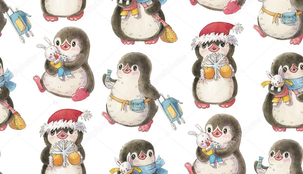 Seamless pattern with cute penguins. Hand-drawn drawing with markers. Drawing in watercolor and ink. 