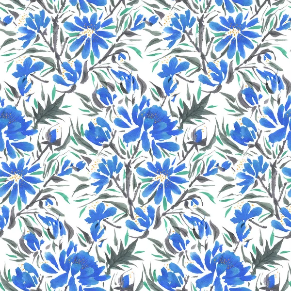 Modello Senza Cuciture Con Fiori Blu Acquerello Illustrazione Disegnata Mano — Foto Stock