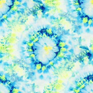 Beyaz ipek üzerinde mavi ve sarı renkli kusursuz kravat deseni. El boyası kumaşlar - nodüler batik. Shibori boyaması.. 