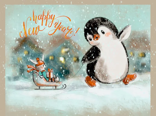 Новогодняя Открытка Пингвином Игрушечным Кроликом Ручная Иллюстрация — стоковое фото