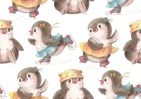 Бесшовный Рисунок Симпатичными Пингвинами Коньках Ручная Иллюстрация Акварелью Чернилами — стоковое фото