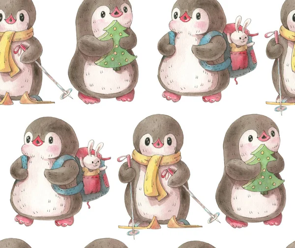 Patrón Sin Costuras Con Pingüinos Lindos Ilustración Dibujada Mano Acuarela —  Fotos de Stock