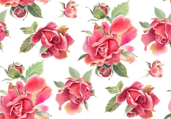 白色背景上的红色水彩玫瑰无缝图案 手绘插图 — 图库照片