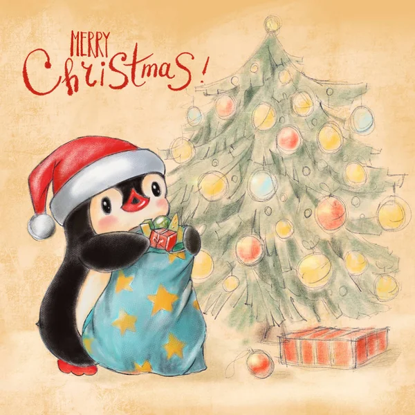 Una Tarjeta Felicitación Con Pingüino Árbol Navidad Regalos Ilustración Dibujada — Foto de Stock