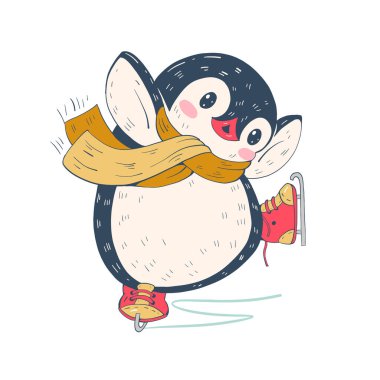 Kış illüstrasyon paten komik karikatür penguen ile. Vektör.