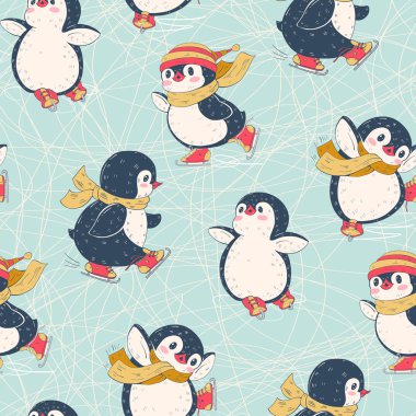 Şirin penguenlerle kusursuz desen. Elle çizilmiş illüstrasyon. Vektör.