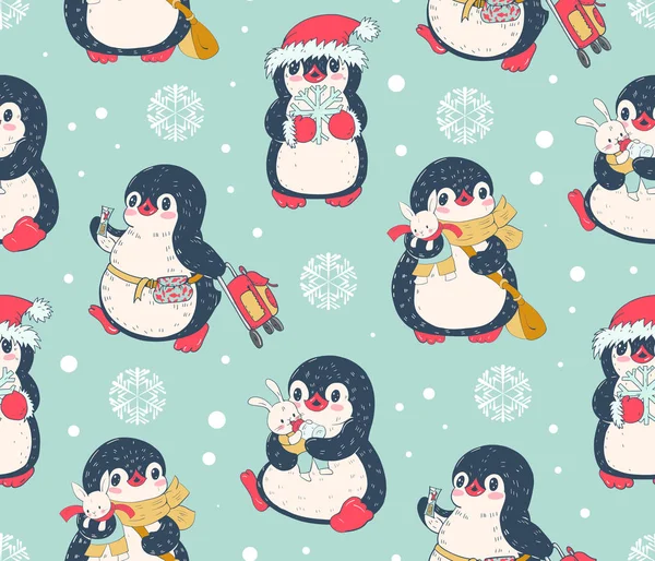 Бесшовный Узор Милыми Пингвинами Ручная Иллюстрация Вектор — стоковый вектор