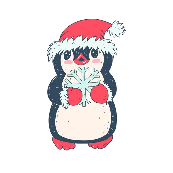 Winter Illustratie Met Grappige Cartoon Pinguïn Met Sneeuwvlok Vector — Stockvector