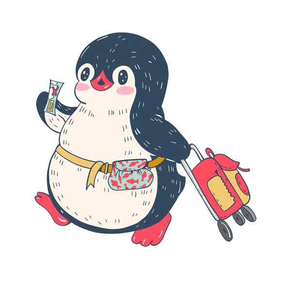 Illustration Med Rolig Tecknad Pingvin Resenären Med Resväska Och Biljett — Stock vektor