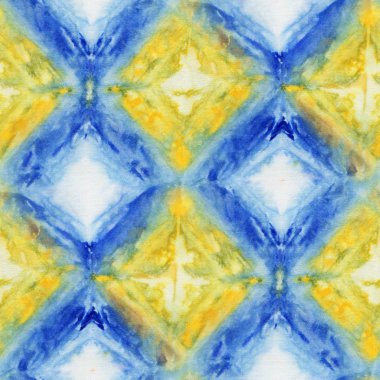 Sarı ve mavi renk beyaz ipek sorunsuz Tie-boya deseni. El boyama kumaş - Nodüler batik. Shibori boyama. 