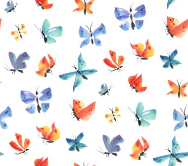 Turuncu ve mavi kelebekler ile Seamless modeli. Suluboya. Resimde çizilmiş.