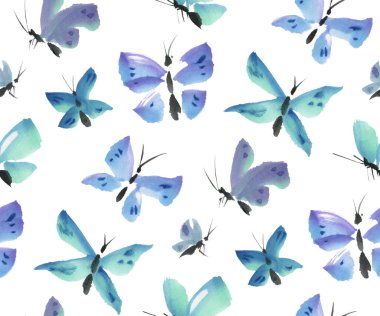 Mavi kelebekler ile Seamless modeli. Suluboya. Resimde çizilmiş.