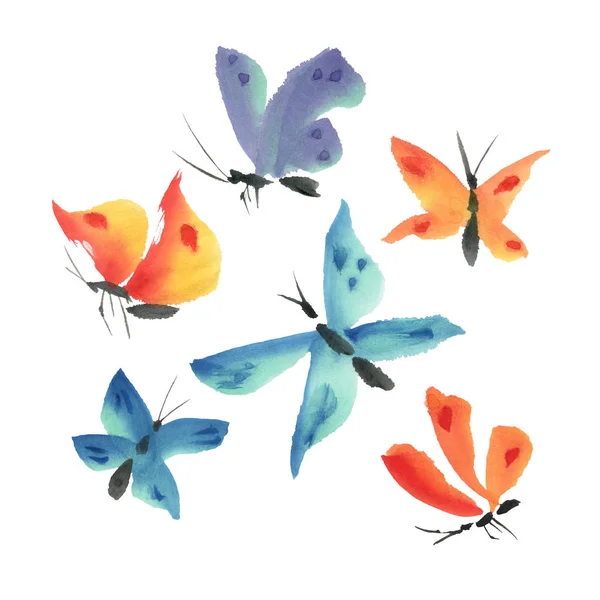 Mariposas Acuarela Anaranjadas Azules Aisladas Sobre Fondo Blanco Ilustración Dibujada —  Fotos de Stock