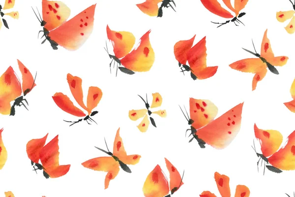 Seamless Pattern Orange Butterflies Watercolor Hand Drawn Illustration — Stock Photo, Image