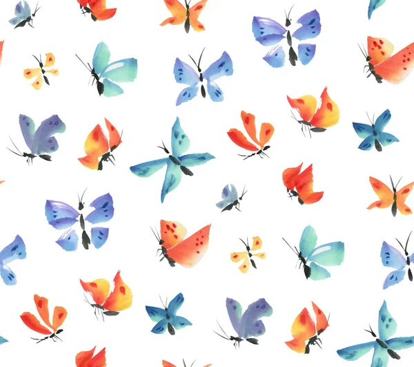 Turuncu ve mavi kelebekler ile Seamless modeli. Suluboya. Resimde çizilmiş.