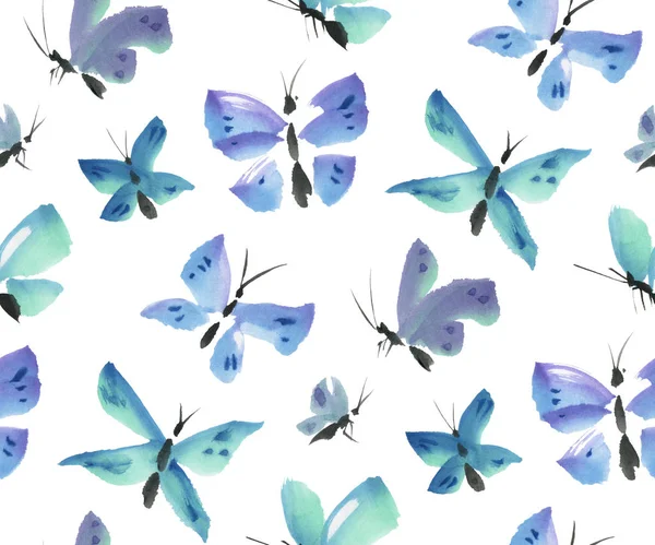 Patrón Sin Costuras Con Mariposas Azules Acuarela Ilustración Dibujada Mano —  Fotos de Stock