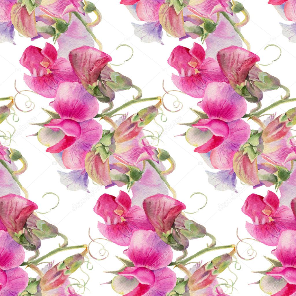 Seamless pattern with watercolor wildflowers. Hand-drawn illustration. 